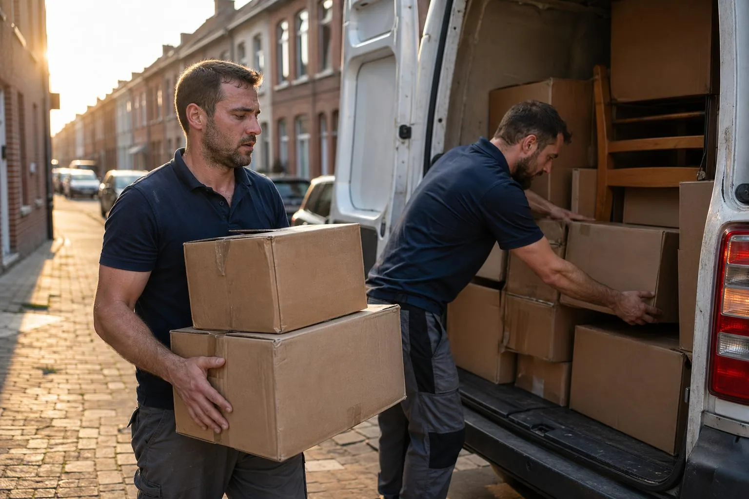 Onze medewerkers laden de firmawagen tijdens een ontruiming